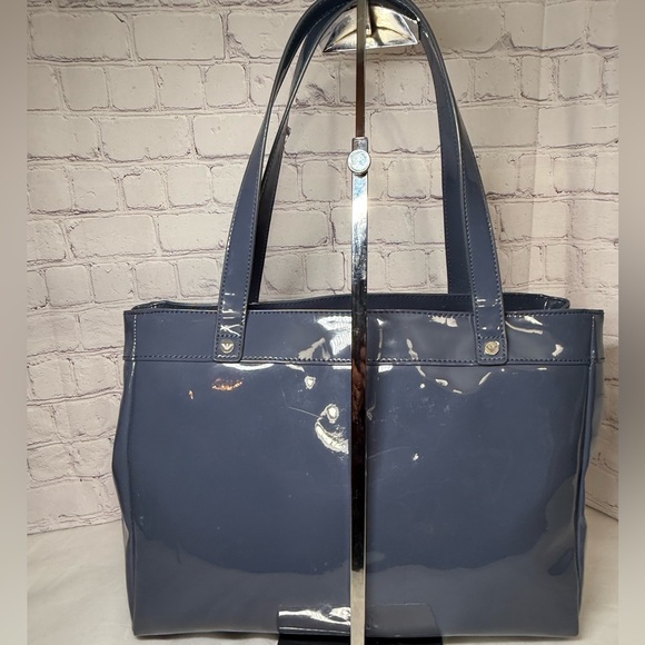 Armani Jeans Tote Blue Gray Patent Leather Large Shoulder Bag w/Bag Charm Silver - Picture 5 of 13